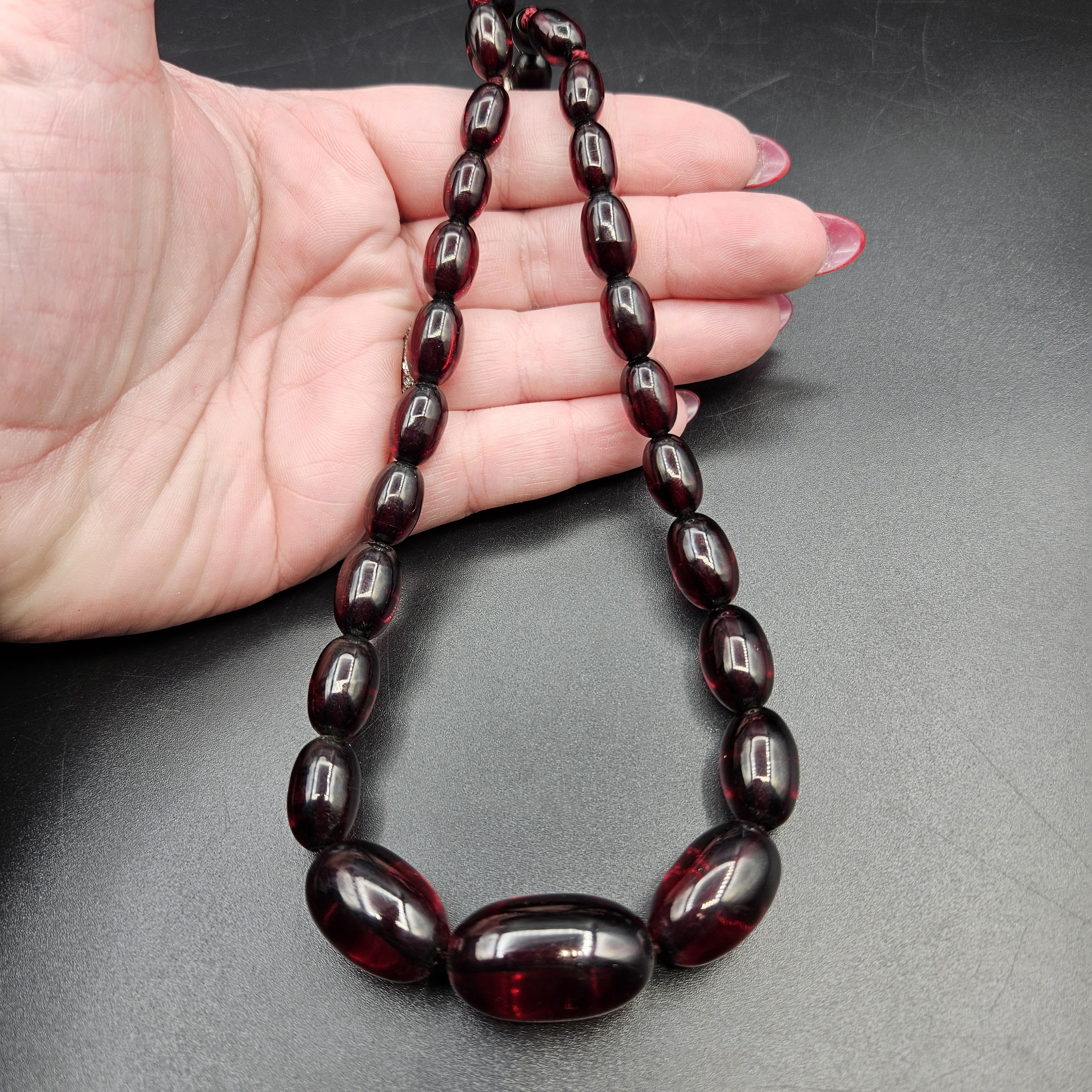 Antique Cherry Amber Bakelite Graduated Sheer Elongated Lozenge Bead Necklace 26.3g
