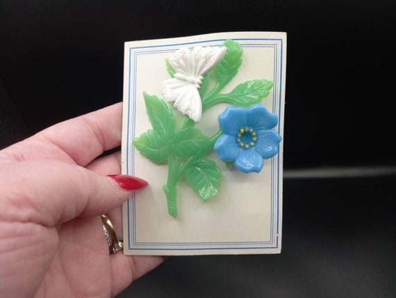 Vintage 1940s Celluloid 3D Blue Flower Butterfly … - image 1