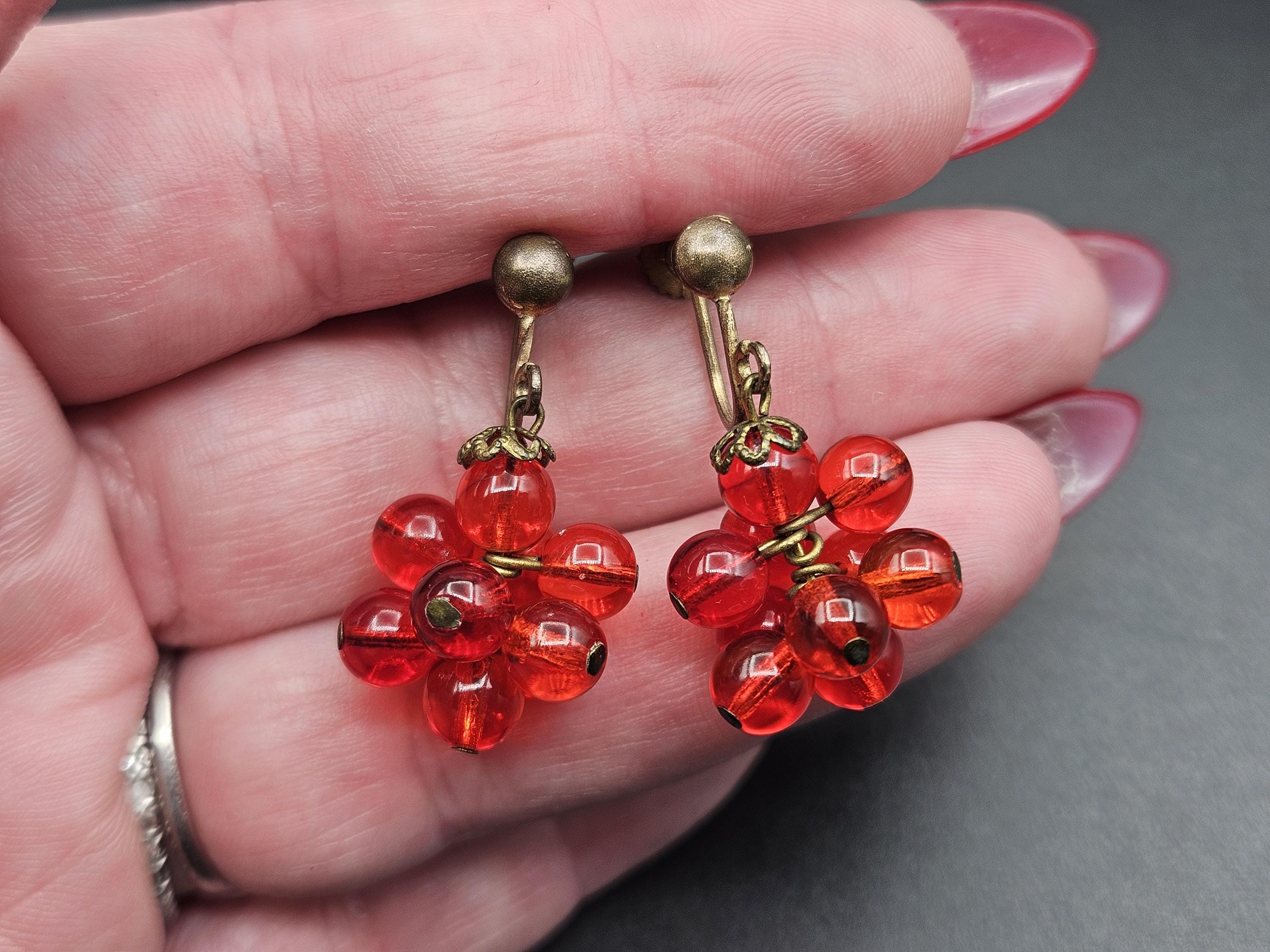 Boucles D'oreilles Clips Vintage Années 50-60 En Verre Rouge - Authentique Et Rétro !