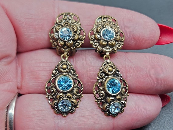 Antique 1930s Art Deco Czech Blue Glass Drop Earr… - image 1