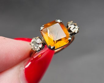 Antique 1930s Art Deco Rolled Gold Tangerine & Clear Paste Trilogy Ring sz M 1.72g