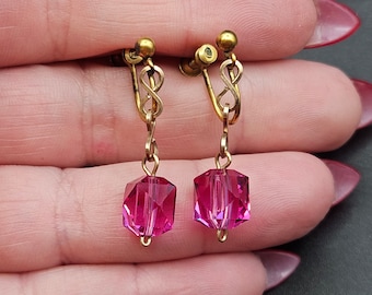 Antique Edwardian Rolled Gold Bright Pink Glass Drop Earrings