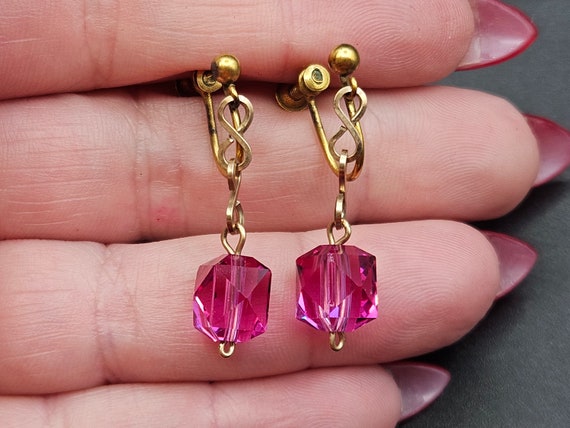 Antique Edwardian Rolled Gold Bright Pink Glass D… - image 1