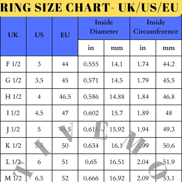 Printable Ring Size Chart Download Comprehensive Ring Size Guide Inside Circumference Measurement Chart Ring Size Chart Digital Ring Sizers