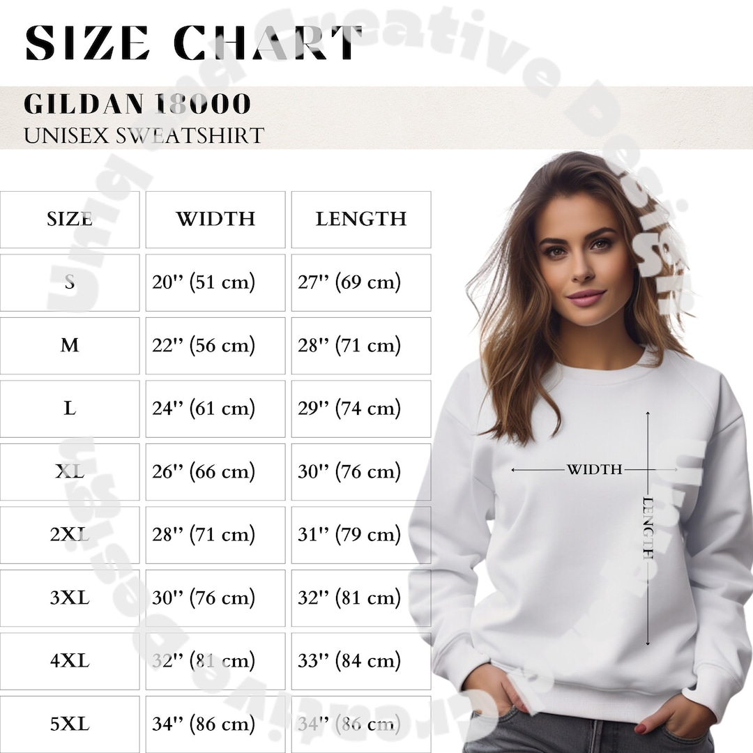 Gildan 18000 Size Chart for Gildan 1800 Mockup and Size Chart White