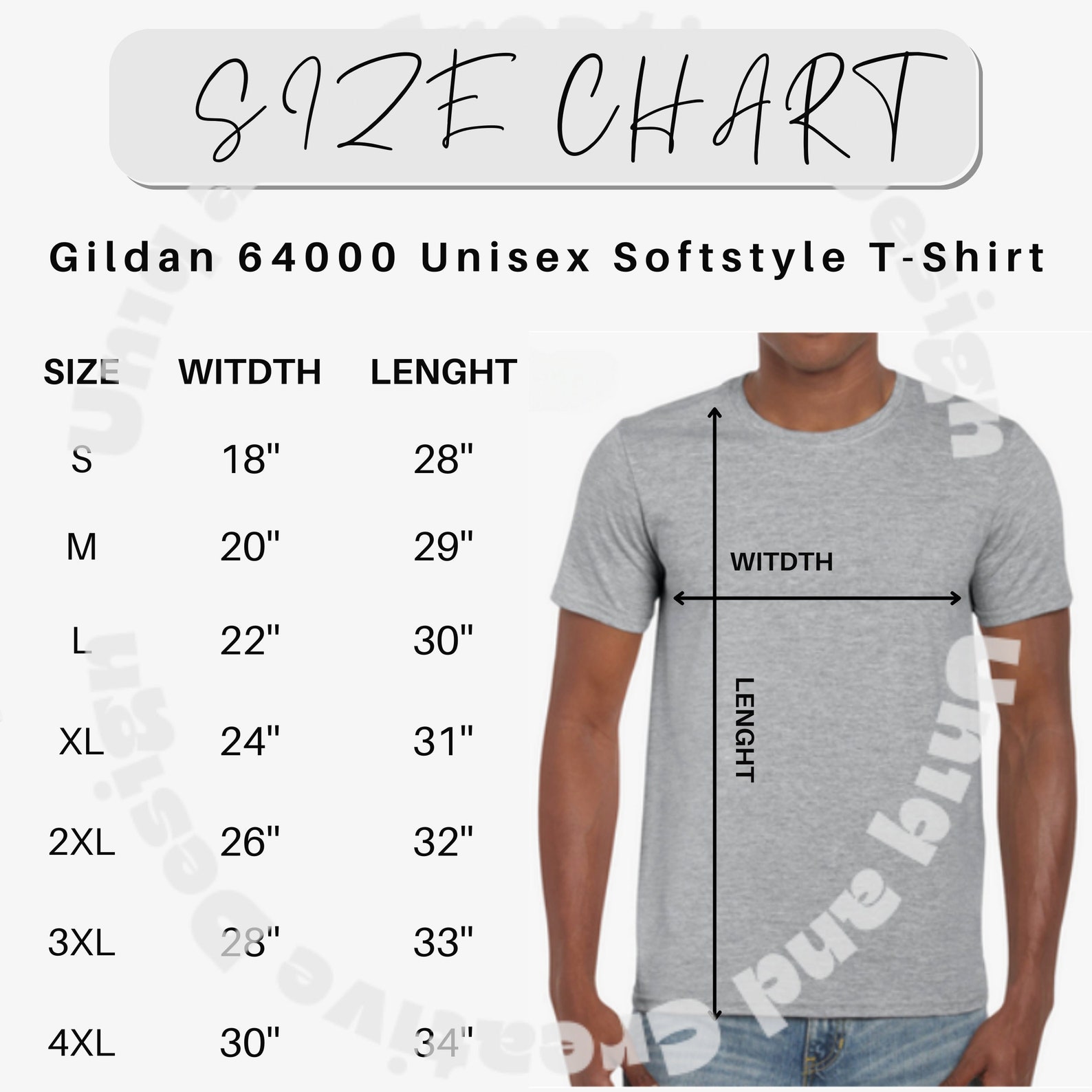 Gildan 64000 G640 Size Chart T-shirt Mockup for Men and Women Softstyle ...