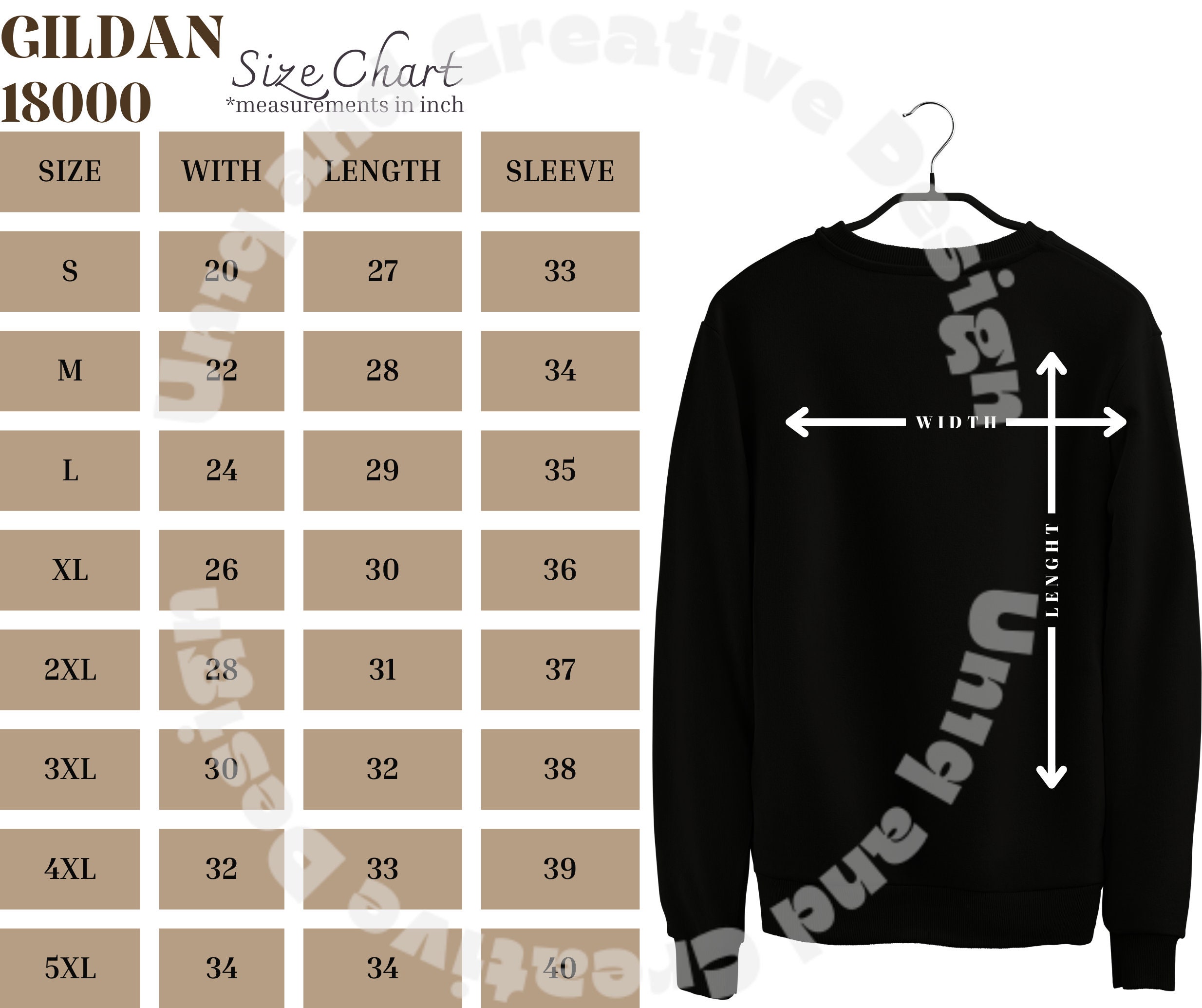Gildan 18000 Size Chart Hanging Size Chart for Gildan 1800 Mockup Size ...