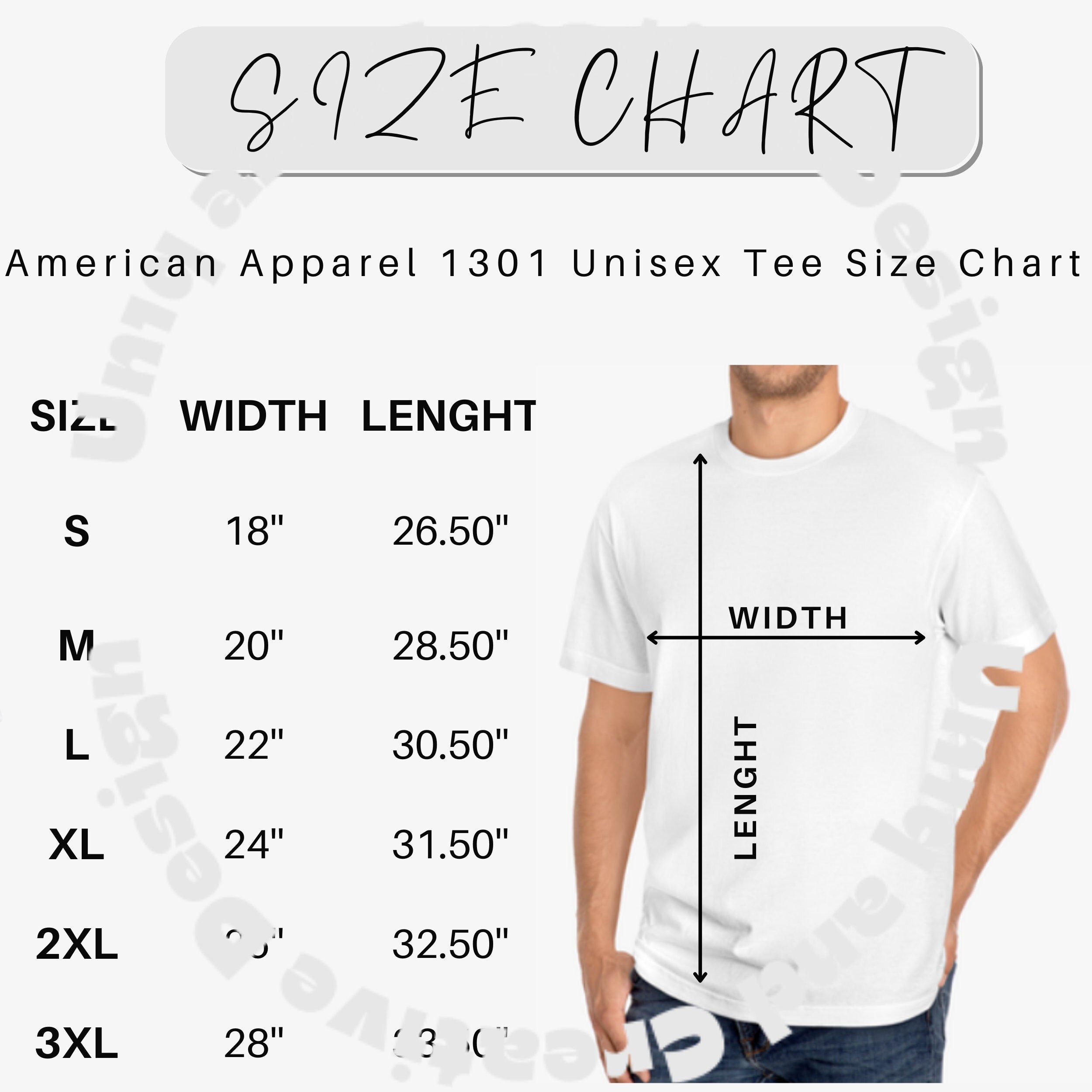 American Apparel 1301 Size Chart, Sizing Guide for Classic Adult Short  Sleeve Tee, JPG Design Template, T Shirt Mockup Gallery Photo