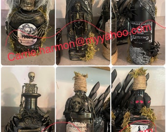 May include: Six decorative glass bottles with Halloween themes. The bottles are decorated with skulls, skeletons, bats, and other spooky elements. The bottles are all black and have a distressed look. They are perfect for adding a touch of Halloween to your home decor.