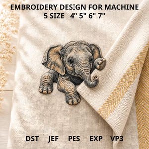 May include: An embroidered elephant design for machine embroidery. The design features a detailed illustration of a baby elephant in shades of gray and brown. The design is available in 5 sizes: 4", 5", 6", and 7". The design is displayed on a cream-colored fabric.