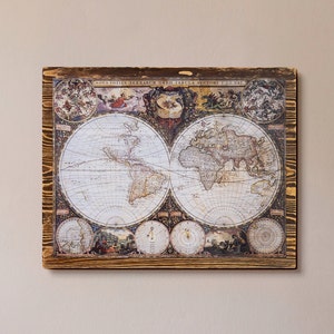 Mapa del viejo mundo Arte de la pared de madera / Decoración de la pared de madera recuperada / Arte de la pared colgante / Decoración de la pared de madera / Arte de madera de la foto / Decoración de madera del mapa del mundo antiguo