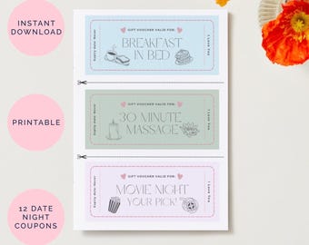 Date Idea Coupons Printable , Digital Download Vouchers, Love ticket , Instant,   Anniversary, Valentine’s Day, Date Night, gift ideas