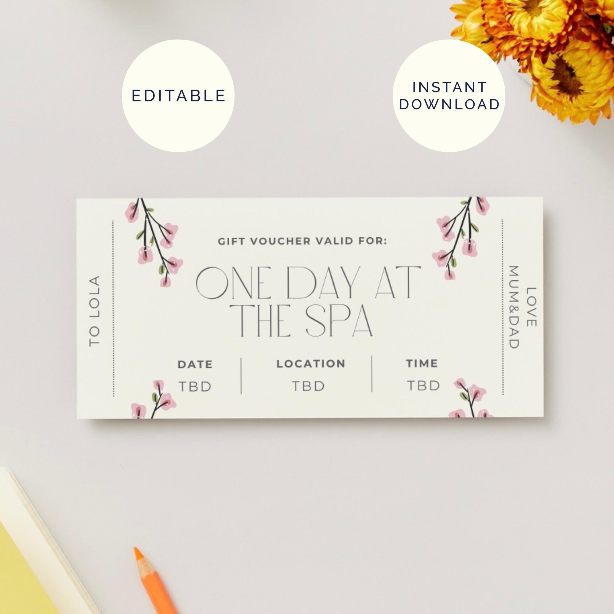 Spa Day Voucher  - Instant Download- Editable Printable, Spa Voucher, Spa Day Ticket, Spa Day Coupon Certificate,  Ticket - Gift - Suprise