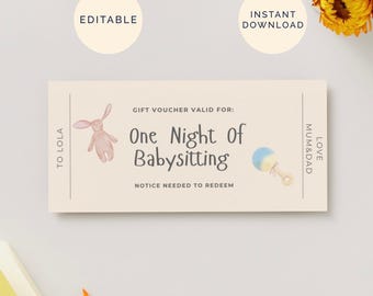 Babysitting Gift Voucher, Editable Babysitting Coupon Template, Editable  Baby Sit Gift Certificate, Babysitter Printable, Any Occasion