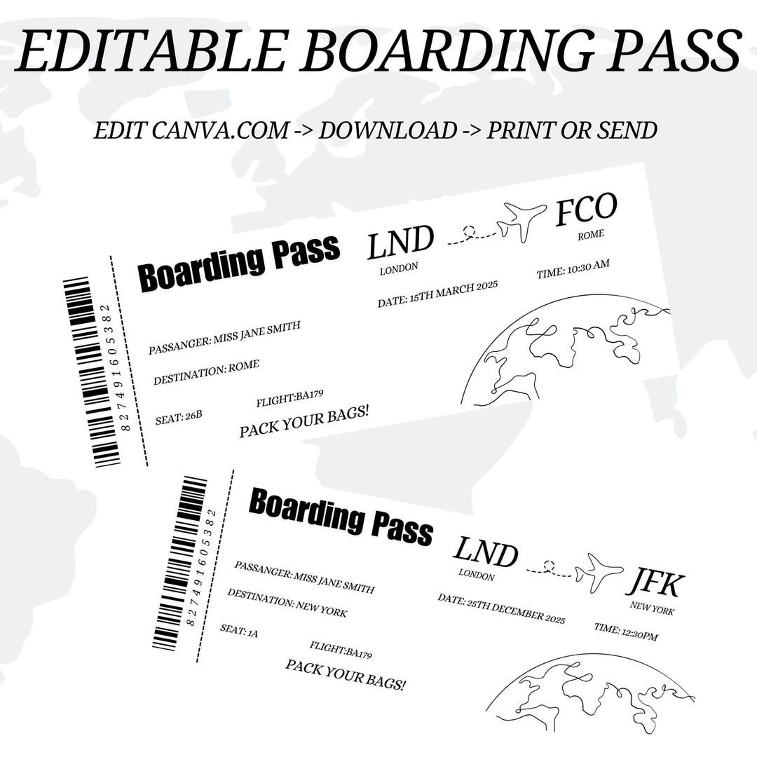 Editable Boarding Pass Invitation Canva Surprise Ticket Template Plane ...