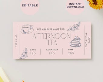 Editable Afternoon Tea Voucher Canva, Print at Home Ticket, Digital Gift Voucher, Afternoon Tea Gift, Gift Voucher Printable, Last Minute