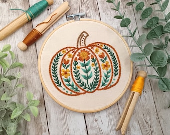 Pumpkin Spice Embroidery Kit DIY Craft Kit for Beginners Pre Printed Fabric Autumn Floral Gift UK