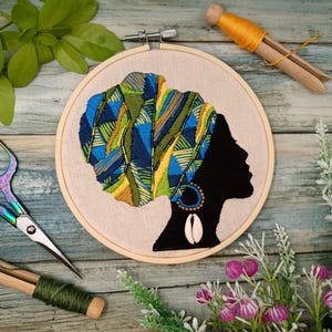 West African Gele Beaded embroidery kit with  cowrie shell - craft gift for Beginner with Pre printed fabric