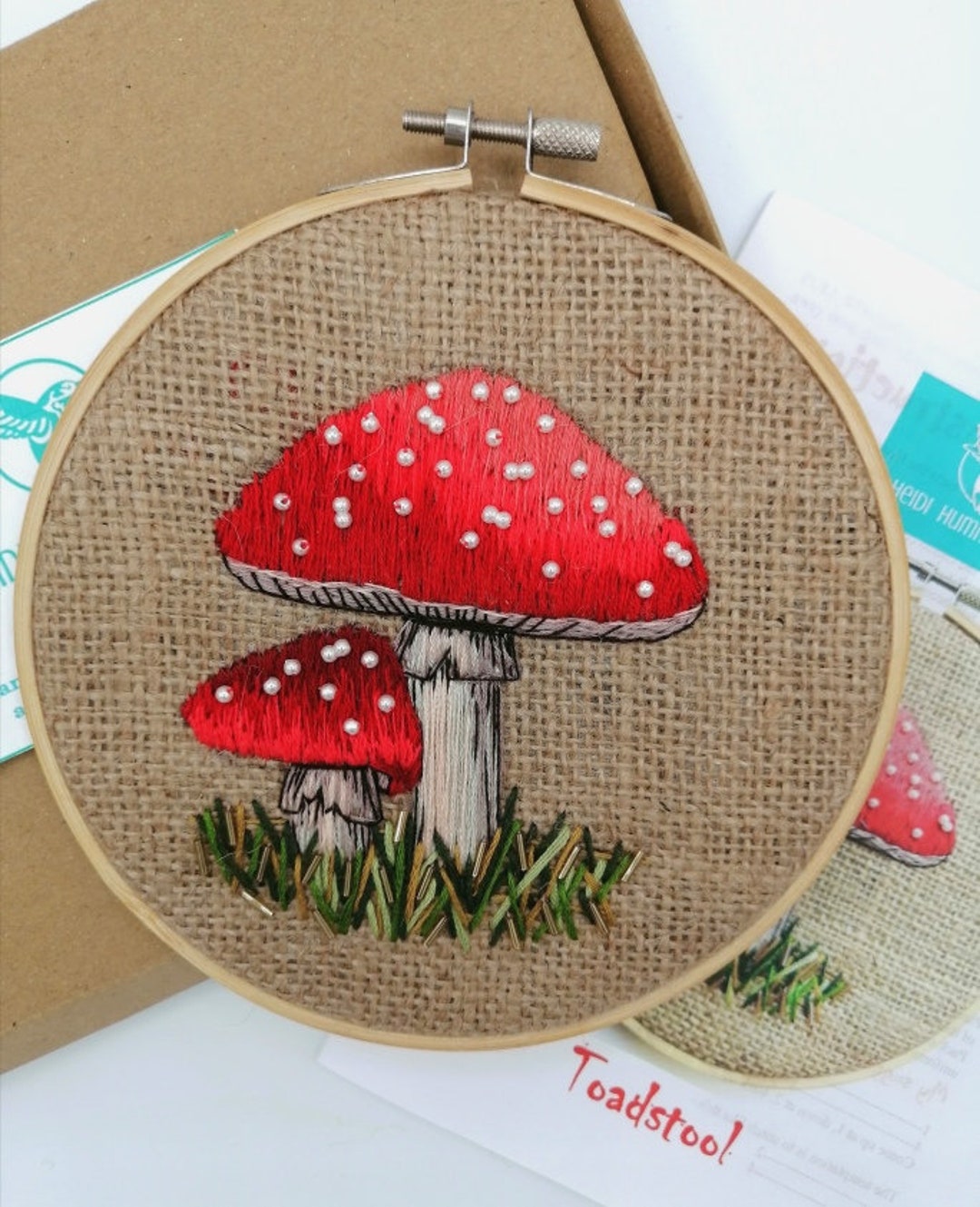 Embroidered Toadstools Toadstool Embroidery Kit on Hessian, Beaded Mushroom Craft Kit, Rustic ...