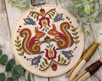 May include: Embroidered hoop art featuring two squirrels sharing an acorn. The squirrels have orange fur and red vests, surrounded by floral and leaf designs in shades of blue, red, and brown. The artwork is set in a wooden hoop.
