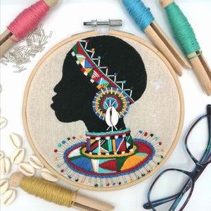 Heidi Hummingbird Maasai Warrior feminist bead embroidery hoop art kit