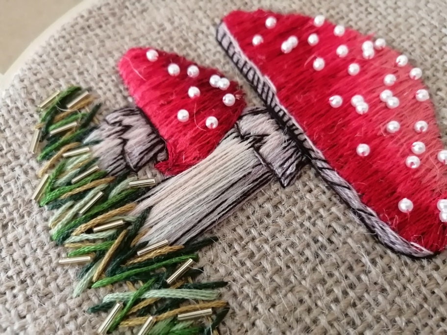 Embroidered Toadstools Toadstool Embroidery Kit on Hessian, Beaded Mushroom Craft Kit, Rustic ...
