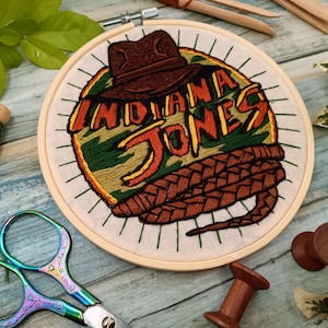Indiana Jones Movie Embroidery kit | Adventure | Explorer | Retro Movie Inspired Craft Kit, Vintage Travel Gift, 80s Nostalgia Hoop Art