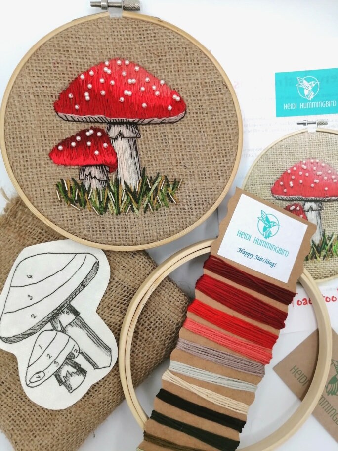 Embroidered Toadstools Toadstool Embroidery Kit on Hessian, Beaded Mushroom Craft Kit, Rustic ...