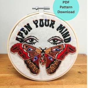 Heidi Hummingbird: PDF PATTERN Open your mind 1960s hippy butterfly bead embroidery hoop Beginner friendly