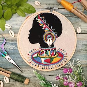 Maasai Warrior Inspired Embroidery Kit Beaded Hoop Art Cowrie Shell Craft Kit