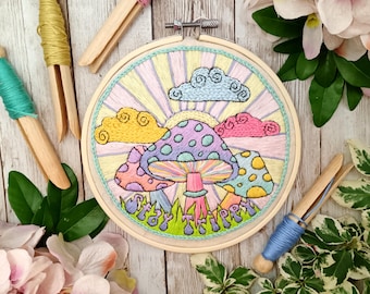 Magic Mushroom Embroidery Kit, Psychedelic, Retro Craft Kit, 60s Hippy trippy gift, pre printed fabric, for beginners