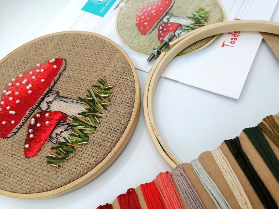 Embroidered Toadstools Toadstool Embroidery Kit on Hessian, Beaded Mushroom Craft Kit, Rustic ...