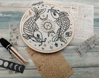 Pisces Star sign Embroidery Kit | Celestial bead embroidery hoop | kit for Beginners | Pre printed fabric