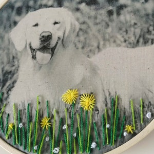 May include: Embroidered hoop art featuring a black and white photo of a dog with green grass and yellow flowers stitched around the image.
