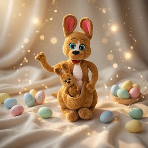 May include: A crocheted kangaroo with a joey in its pouch, surrounded by pastel Easter eggs. The kangaroo is tan with pink-lined ears and blue eyes. Some eggs are decorated with patterns. A small basket holds more eggs.