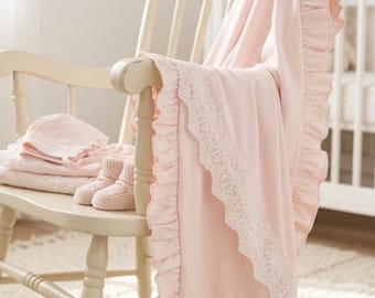 Personalized Pink Ruffle Lace Baby Blanket | Custom Name Newborn Girl Gift