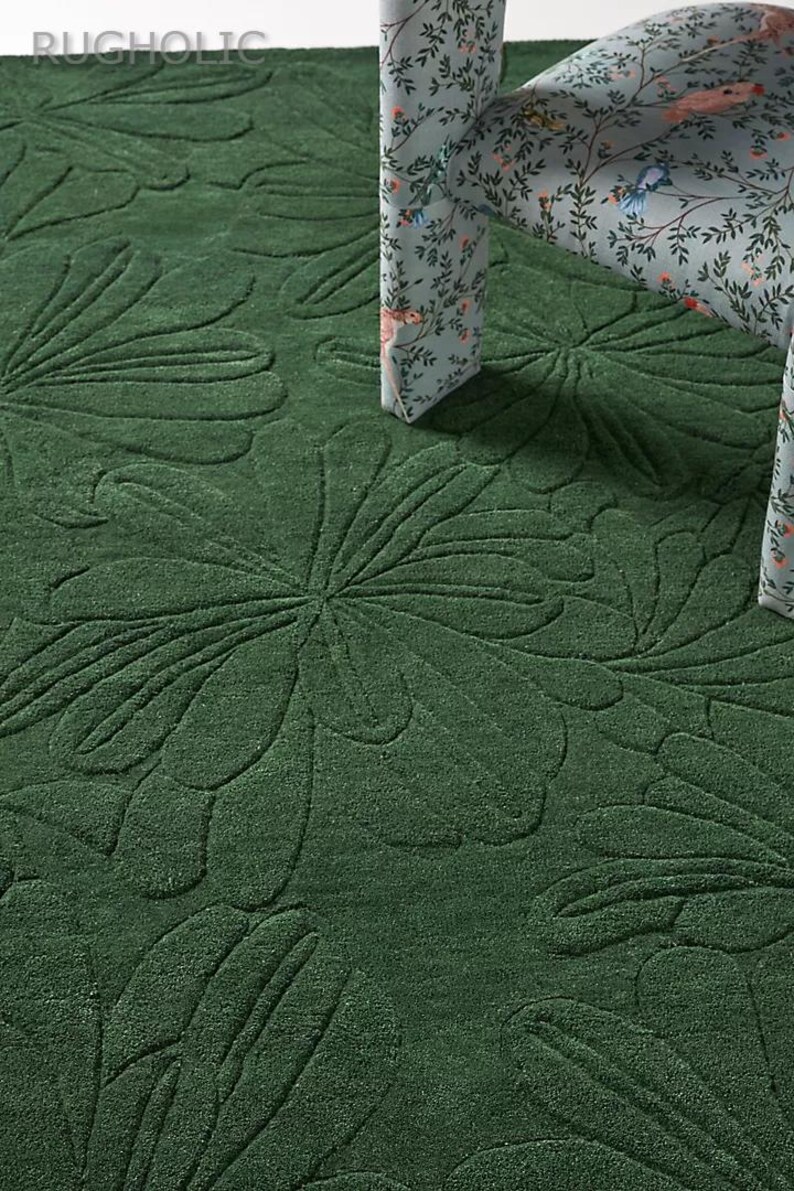 Tufted Dark Green Rug Living Room Floral Rug Large Area Floor Rug ...