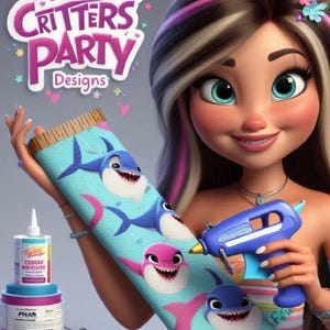 May include: A cartoon image featuring a smiling woman holding a roll of fabric with a shark pattern. The fabric is light blue with cartoon sharks in pink and blue. A glue gun and craft supplies are also visible.