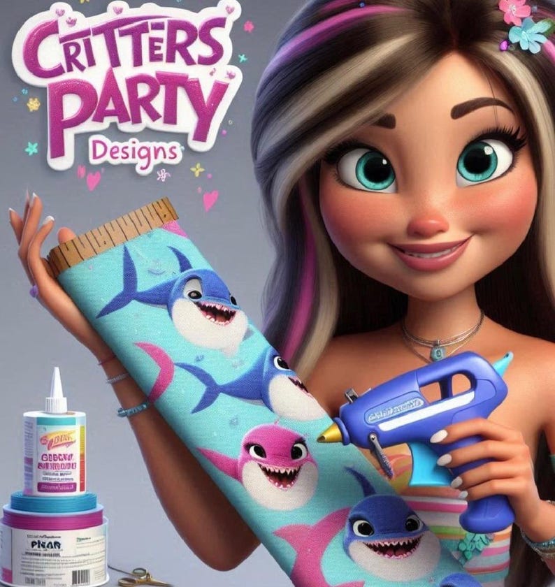 May include: A cartoon image featuring a smiling woman holding a roll of fabric with a shark pattern. The fabric is light blue with cartoon sharks in pink and blue. A glue gun and craft supplies are also visible.
