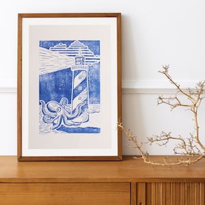 Handgefertigtes Linolschnitt-Poster im A3-Format – Der Leuchtturm