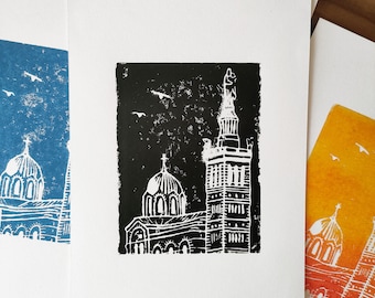 Linogravure artisanale - Notre-Dame de la Garde - Marseille