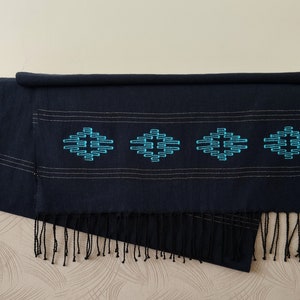 Handwoven Navy Blue Cotton Scarf with Ethnic Pattern, Turkish Shawl, Lightwheight Wrap