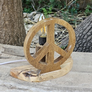 Handmade Peace Style Desk Lamp: Oak and Olive Wood, Unique Home Decor