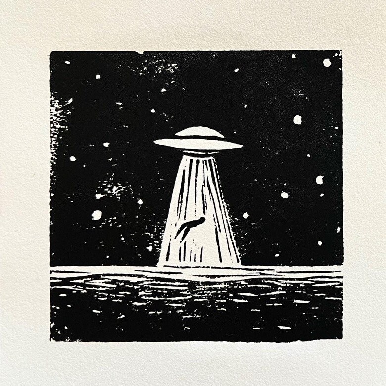 UFO Alien L Linocut Print Original Design, Handprinted, Scifi Gifts ...