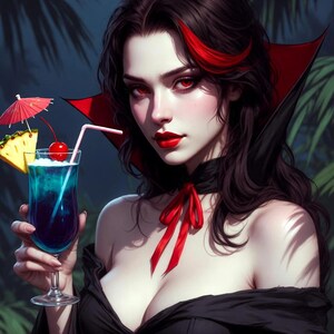 May include: Digital art of a woman with red eyes and red-streaked black hair, wearing a black dress and cape. She holds a blue cocktail with a cherry and pineapple garnish. The text "Haunted Dinner Luau" is at the top.