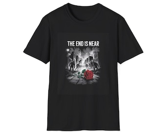 Könnte beinhalten: Schwarzes T-Shirt mit einem Aufdruck einer Rose auf einer Straße mit dem Text "THE END IS NEAR" auf der Vorderseite.
