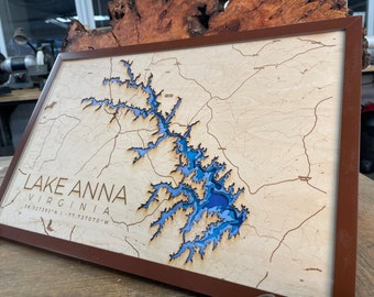 Unique Custom Lake Anna 3-Layer Laser Cut Map with Depth Details