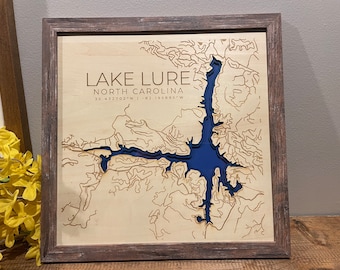 Custom Lake Lure Laser Cut Map with 3D Lake Depth Layers - Unique Wall Art and Keepsake&quot;