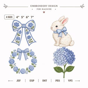 May include: An embroidery design graphic with a bow, wreath, bunny, and hydrangea flower. The bow and wreath have blue hydrangea flowers and a blue and white gingham bow. The bunny has a gingham bow. The text reads "EMBROIDERY DESIGN FOR MACHINE" and "4 SIZE 4" 5" 6" 7" .