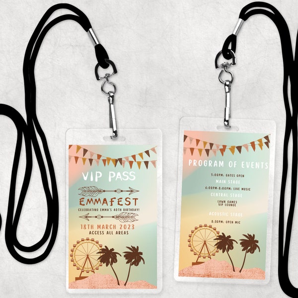 Personalised digital festival VIP pass, fits in lanyard pouch, I edit, you print at home, birthday party, hen night, graduation party
